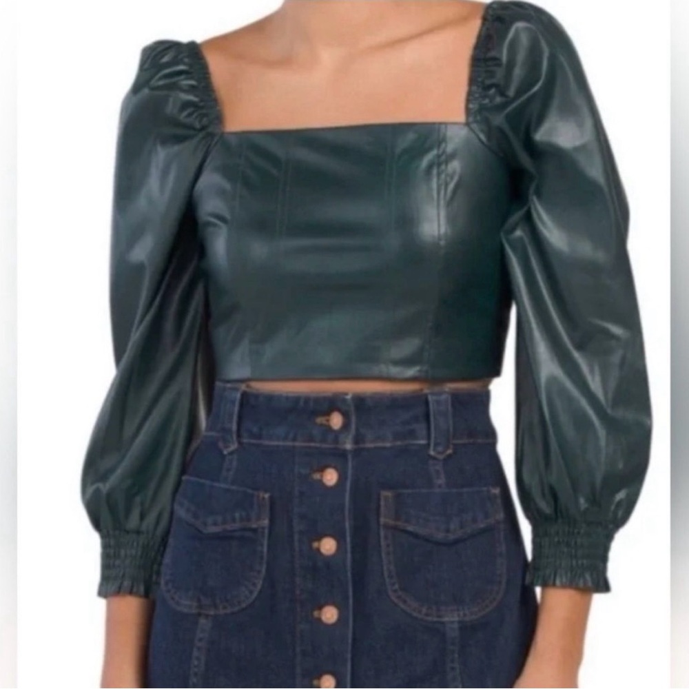 7 For All Mankind Dark Green Faux Leather Puff-Sleeve Crop Top